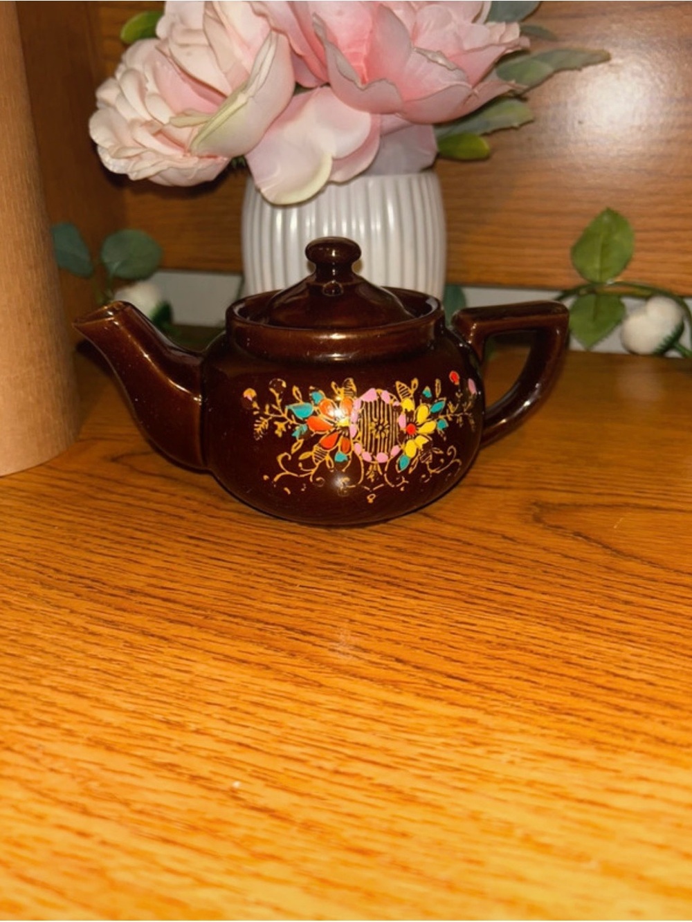 Vintage Brown Floral Ceramic Teapot - Decorative Home Kitchen Accent